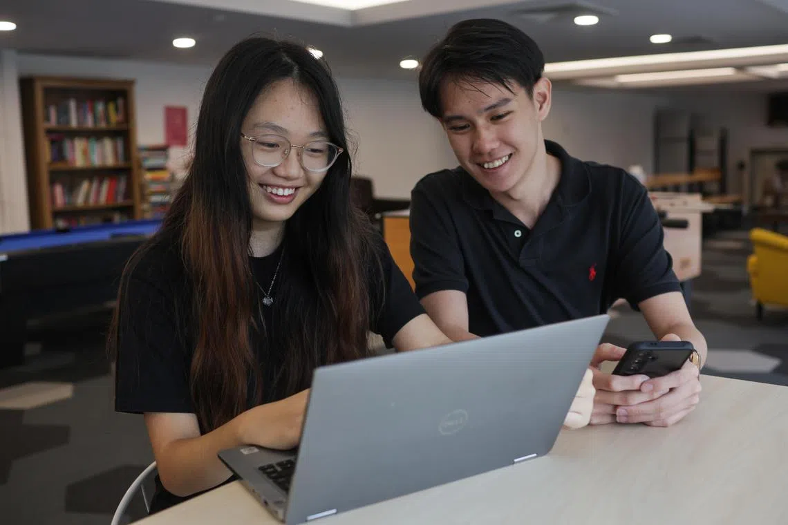 ST20250617_202540000206 : Gin Tay/ dlsgexams/ Dillon Loh JY/
Portraits of Mr Raphael Peck Yu Hng, (right) 23, Student @ Singapore Institute of Technology / Society Secretary of SGExams; and Ms Emmeline Kao Rui En, 20, Student / Platforms Head of SGExams; photographed at SPH News Centre on June 17, 2025.
