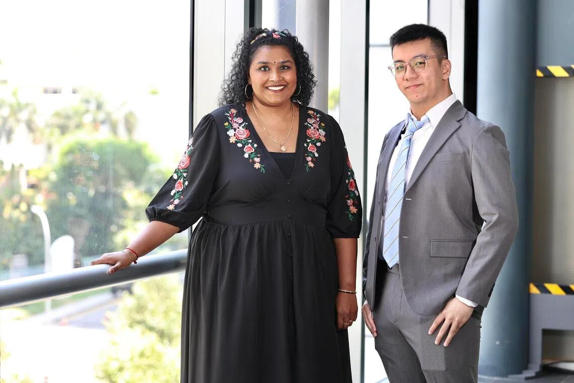 ECDA Scholarships and Training Awards (TA) recipients, Miss Dharshini D/O Balachandram (SUSS) 30 Year old and Mr Liu Zheng Xian Samuel (NIEC (TP)) 20 Year old at Summit 1, Level, 3, Suntec Singapore Convention & Exhibition Centre on 30 October 2025

ST Photo: HESTER TAN