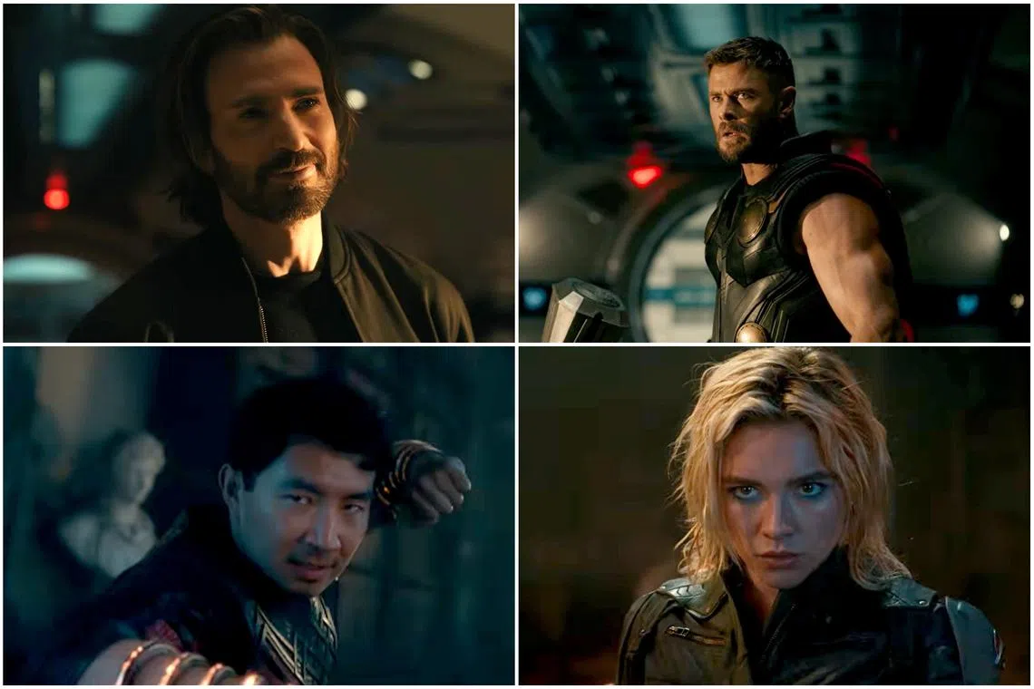 (Clockwise from top left) Steve Rogers, Thor, Mystique as Yelena Belova and Shang-chi in the trailer for Doomsday: Avengers.
