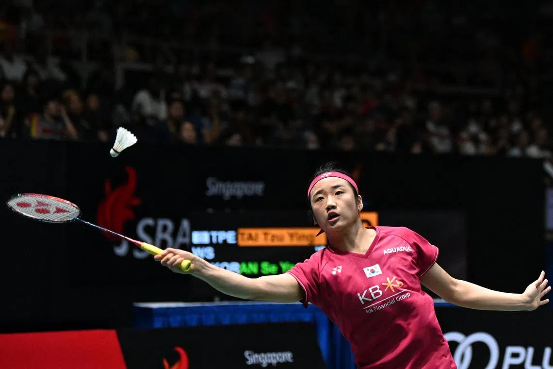 Slug: dlbad10
ST PHOTO: Chong Jun Liang

An Se-young from South Korea in action during her match against Tai Tzu-ying from Chinese Taipei at the KFF Singapore Badminton Open 2023 on June 10, 2023. 

*****

Singapore Badminton Open semi-finals