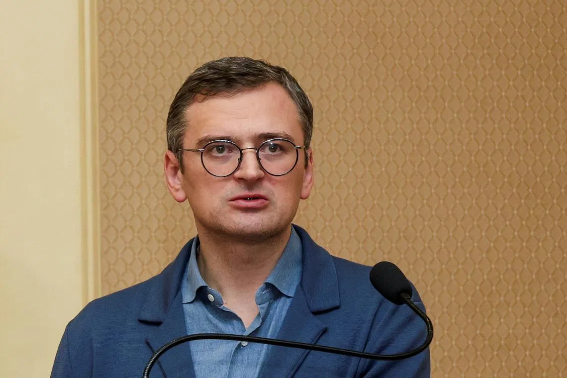 FILE PHOTO: Ukrainian Foreign Minister Dmytro Kuleba attends a joint press conference with his German counterpart Annalena Baerbock, on the second anniversary of Russia's invasion of Ukraine, in Odesa, Ukraine, February 24, 2024. REUTERS/Stringer/File Photo