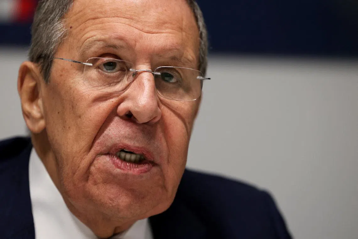 FILE PHOTO: Russia's Foreign Minister Sergei Lavrov speaks to the media as he attends the 31st Organization for Security and Co-operation in Europe (OSCE) Ministerial Council in Ta'Qali, Malta, Dec. 5, 2024. REUTERS/Florion Goga/File Photo