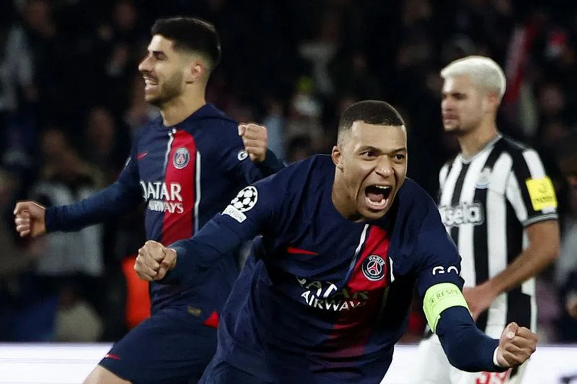 Soccer Football - Champions League - Group F - Paris St Germain v Newcastle United - Parc des Princes, Paris, France - November 28, 2023  Paris St Germain's Kylian Mbappe celebrates scoring their first goal REUTERS/Stephane Mahe
