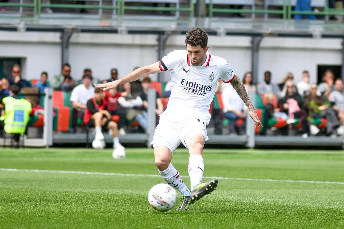 AC Milan's Christian Pulisic scores their first  goal in the 2-0 Serie A win over Venezia at the Pier Luigi Penzo stadium in Venice, Italy on April 27, 2025.