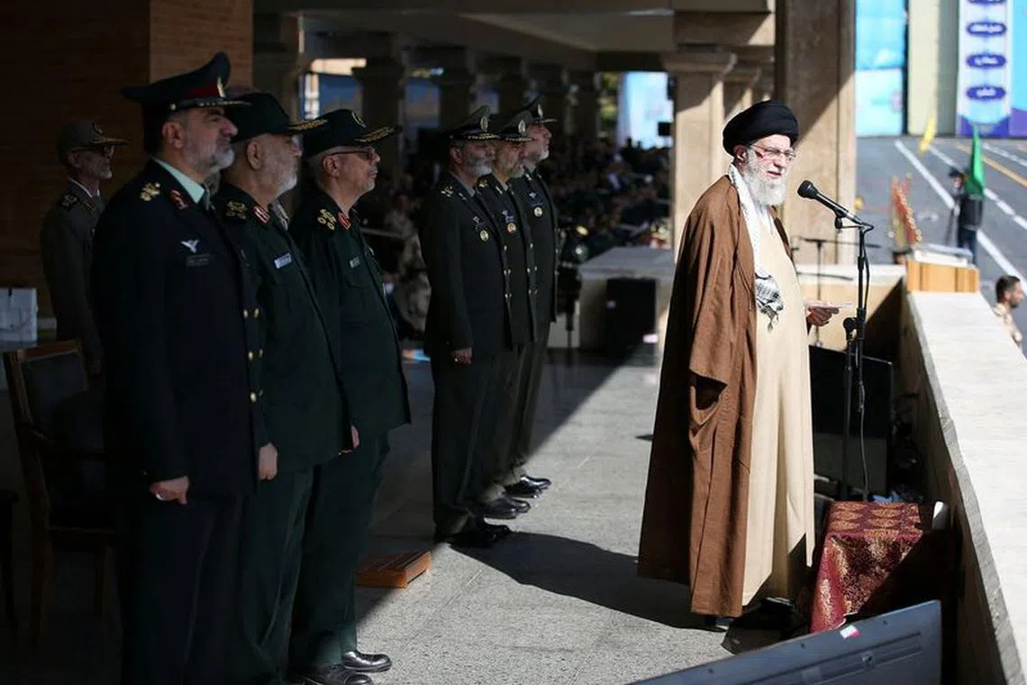 Iran's Supreme Leader Ayatollah Ali Khamenei speaks during a graduation ceremony for armed forces officers at the Imam Ali academy in Tehran, Iran October 10, 2023. Office of the Iranian Supreme Leader/WANA (West Asia News Agency) via REUTERS/file photo