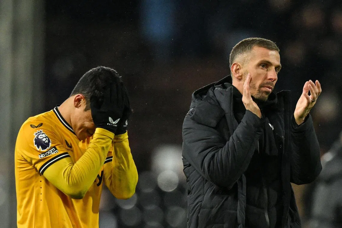 Wolverhampton Wanderers striker Hwang Hee-chan and their coach Gary O’Neil reacting at the end of their 3-2 defeat at Fulham.