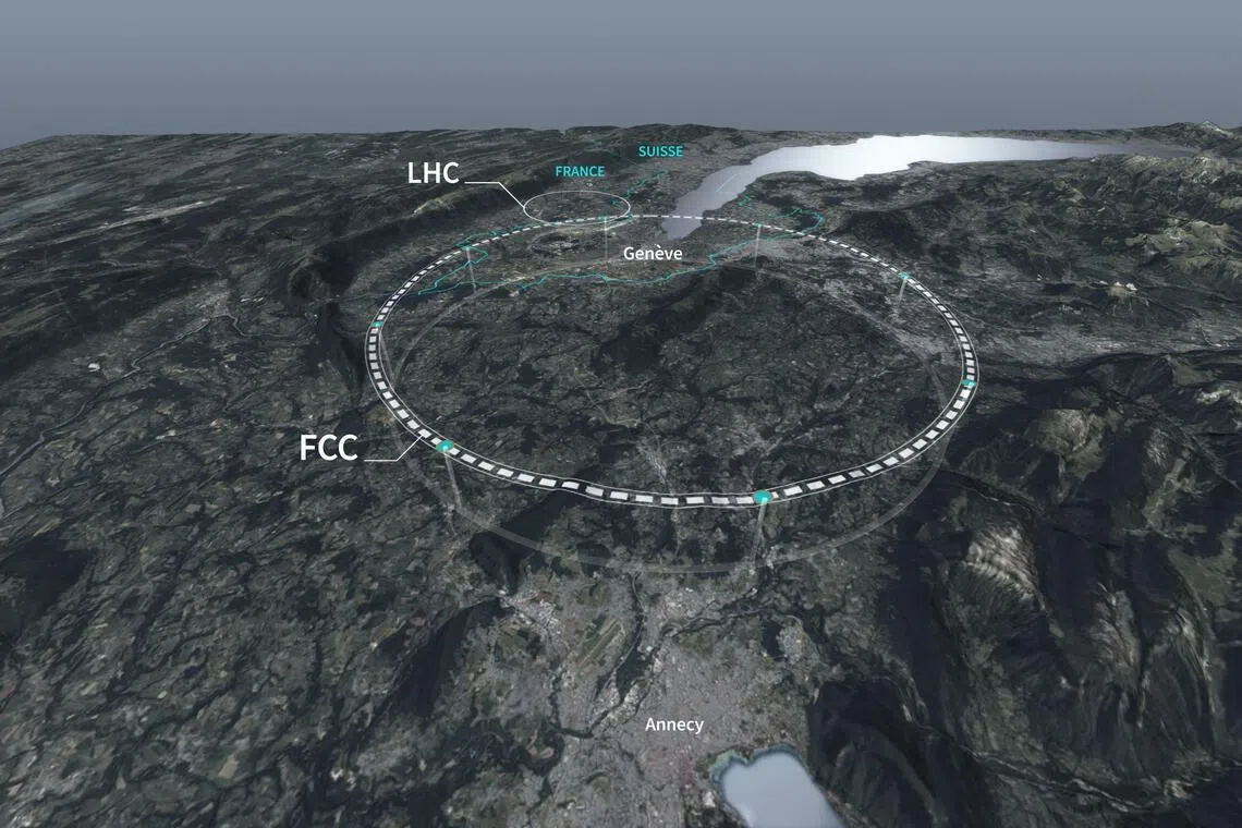 The tunnels of the Future Circular Collider (FCC) and the current Large Hadron Collider (LHC) in Geneva.