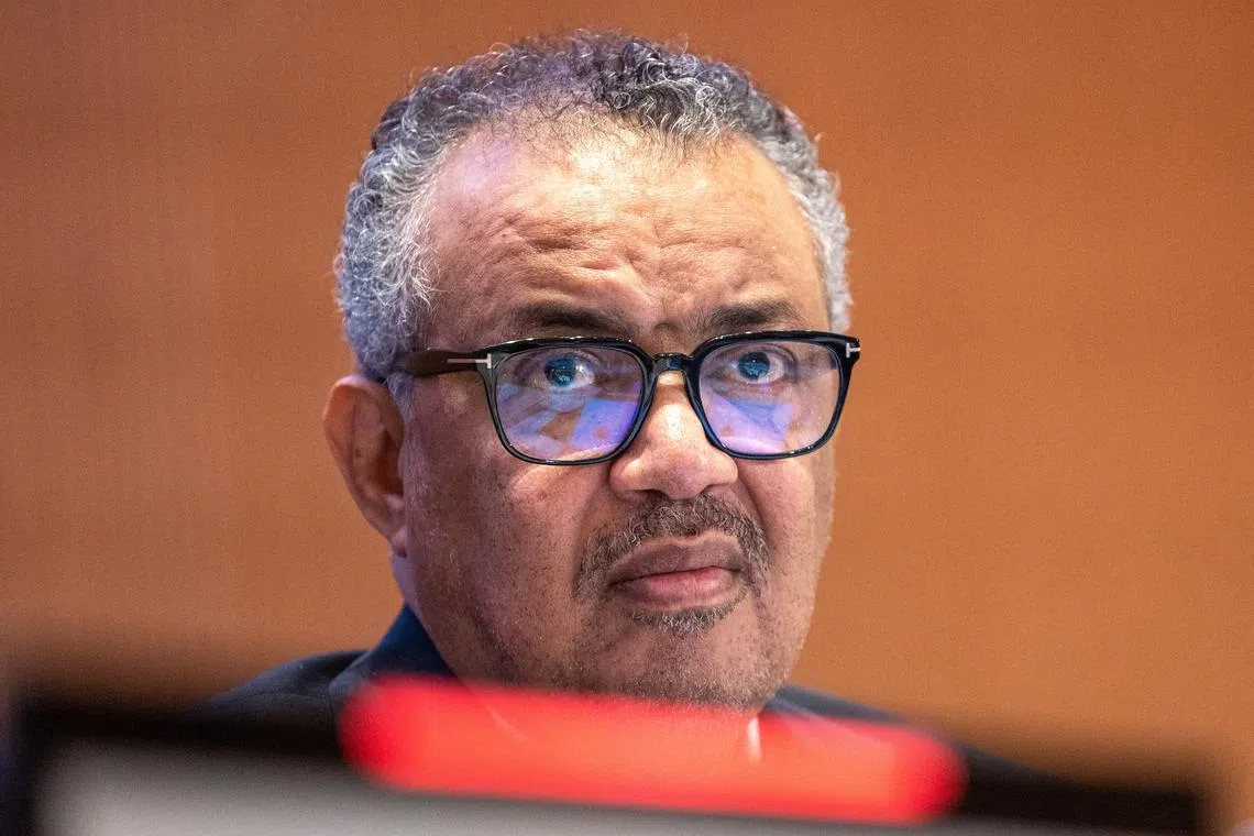 FILE PHOTO: Director-General of the World Health Organisation (WHO) Dr. Tedros Adhanom Ghebreyesus attends the World Health Assembly at the United Nations in Geneva, Switzerland, May 27, 2024. REUTERS/Denis Balibouse/File Photo