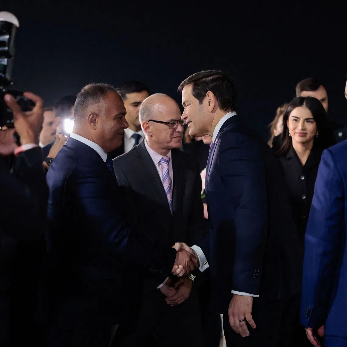 Samarkand Governor Adiz Boboev welcomes US Secretary of State Marco Rubio as he arrives at the airport, to participate in the C5+1 Ministerial meeting, in Samarkand, Uzbekistan, on Oct 18.