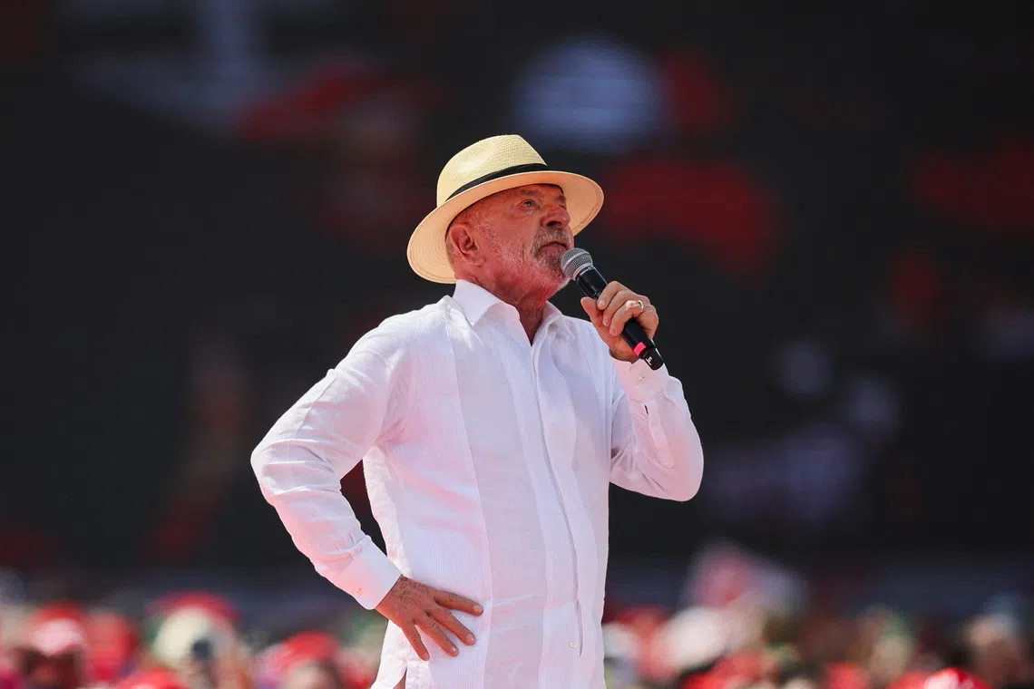 Brazilian President Luiz Inacio Lula da Silva launching his re-election campaign at stadium in Brazil on Aug 16.