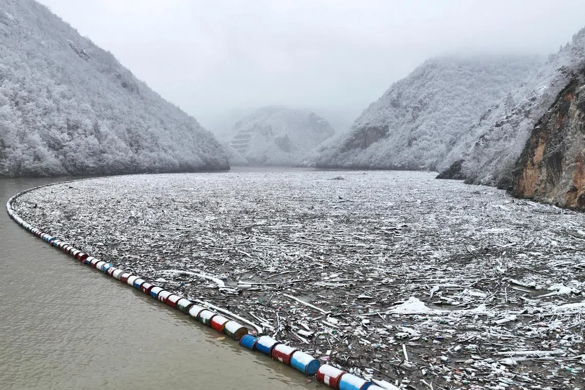 Tons of floating waste float in the Drina river near Visegrad, Bosnia and Herzegovina, January 21, 2023. 