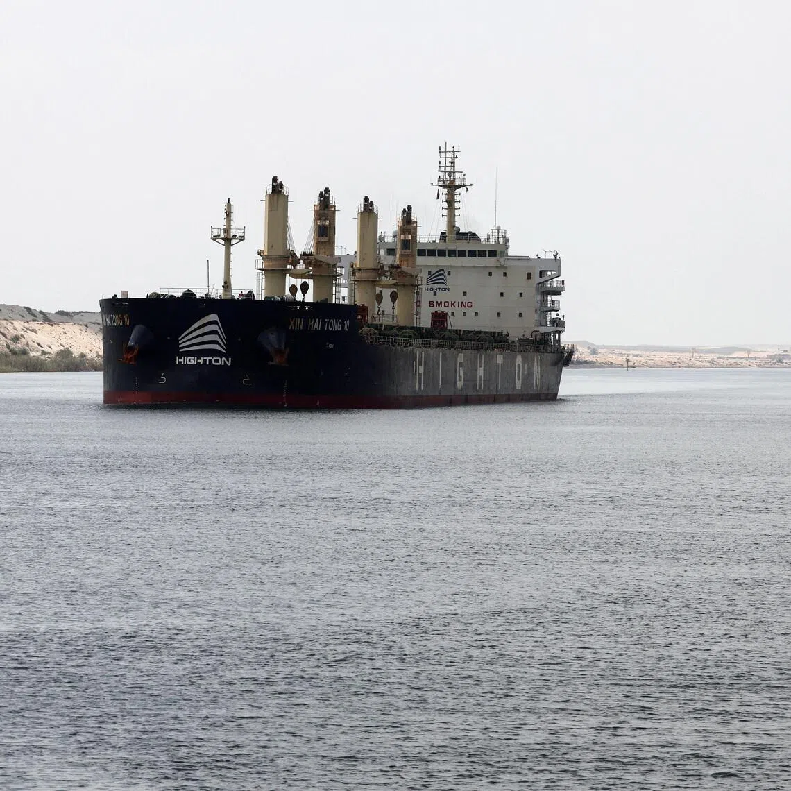 Ships moving through the Suez Canal, in Ismalia, Egypt, in 2025. The Suez Canal is a last remaining safe export route for Saudi oil.