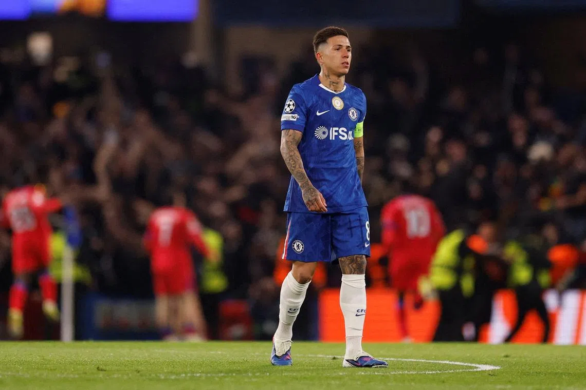 FILE PHOTO: Soccer Football - UEFA Champions League - Round 16 - Second Leg - Chelsea v Paris St Germain - Stamford Bridge, London, Britain - March 17, 2026 Chelsea's Enzo Fernandez looks dejected after Paris St Germain's Khvicha Kvaratskhelia scores their first goal Action Images via Reuters/Andrew Couldridge/File Photo