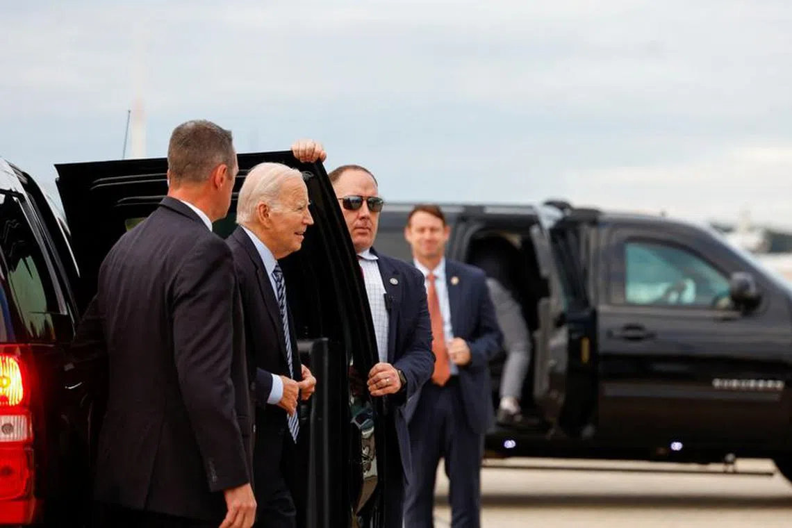 U.S. President Joe Biden walks as he departs Joint Base Andrews for a high-stakes visit to Israel, in Maryland, U.S., October 17, 2023. REUTERS/Evelyn Hockstein