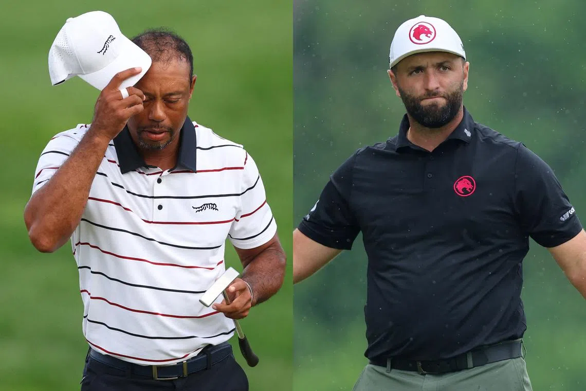 A six-over-par 77 left Tiger woods (left) at seven over, while Jon Rahm missed out after going even-par through the opening two rounds.