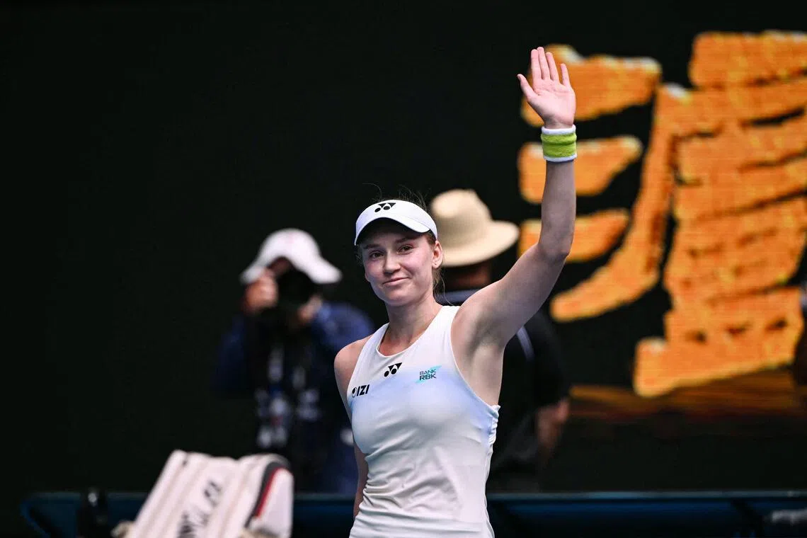 Kazakhstan's Elena Rybakina celebrates victory against Poland's Iga Swiatek in their Australian Open quarter-final.