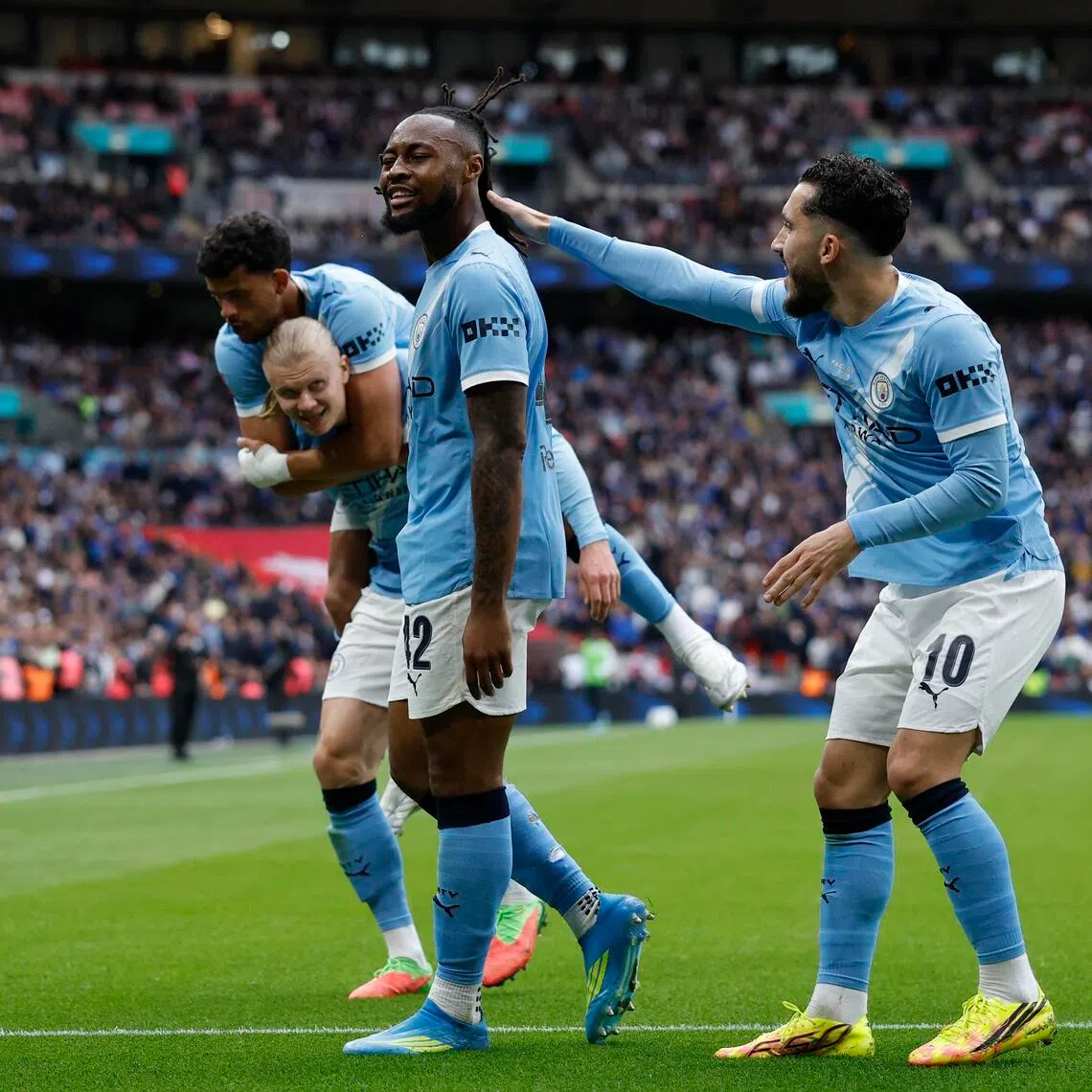 Manchester City's Antoine Semenyo celebrates scoring against Chelsea in the FA Cup final.