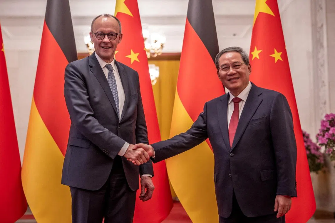 German Chancellor Friedrich Merz meeting Chinese Premier Li Qiang in Beijing on Feb 25.