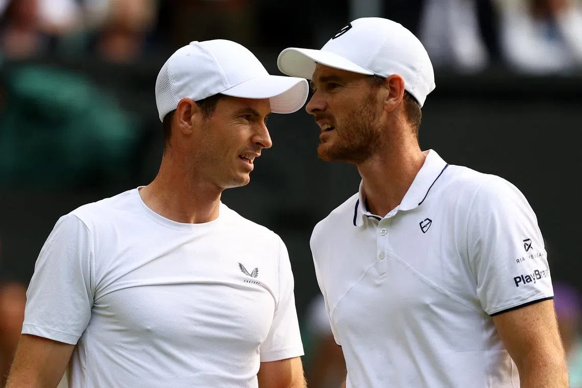 FILE PHOTO: Tennis - Wimbledon - All England Lawn Tennis and Croquet Club, London, Britain - July 4, 2024 Britain's Andy Murray and Britain's Jamie Murray react during the men's doubles first round match against Australia's John Peers and Australia's Rinky Hijikata REUTERS/Hannah Mckay/File Photo