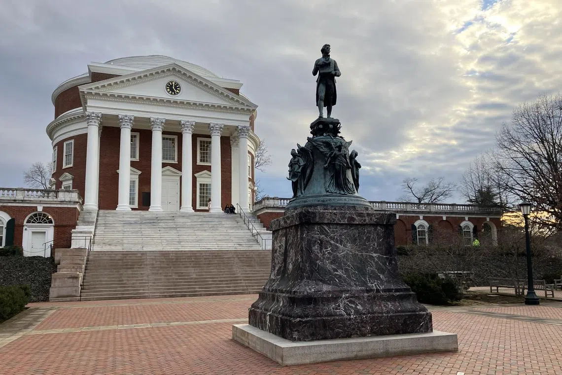 A statue of former US president Thomas Jefferson who founded and designed the University of Virginia in 1819. 