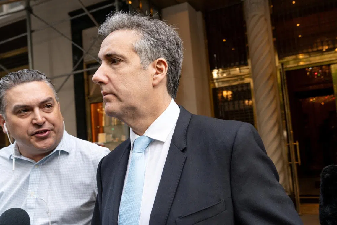 Michael Cohen a former attorney for Republican presidential candidate and former U.S. President Donald Trump, departs to testify at Trump?s criminal trial, over charges that he falsified business records to conceal money paid to silence porn star Stormy Daniels in 2016, at Manhattan state court in New York City, U.S., May 14, 2024. REUTERS/Cheney Orr