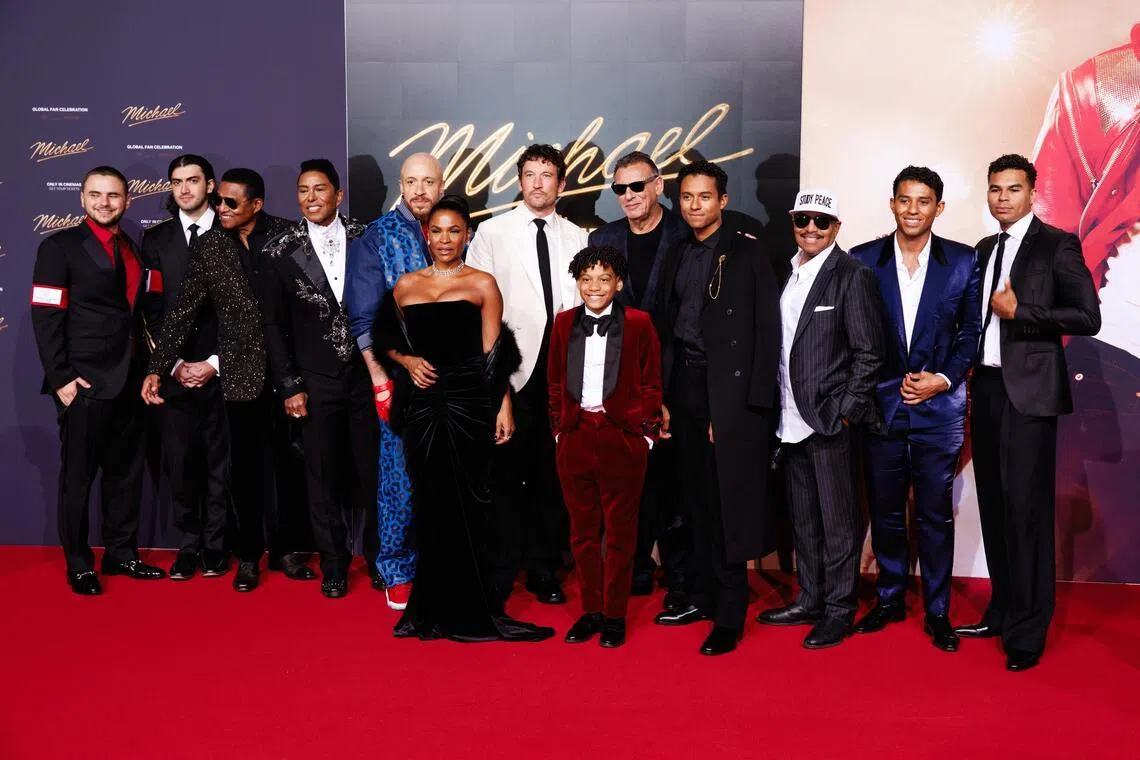 (From left) Members of the Jackson family and cast Prince Jackson, Bigi Jackson, Jackie Jackson, Jermaine Jackson, KeiLyn Durrel Jones, Nia Long, Miles Teller, Juliano Krue Valdi, Graham King, Jaafar Jackson, Marlon Jackson, Jermajesty Jackson and Randy Jackson Jr. at the premiere of Michael in Berlin, Germany on April 10, 2026. 
