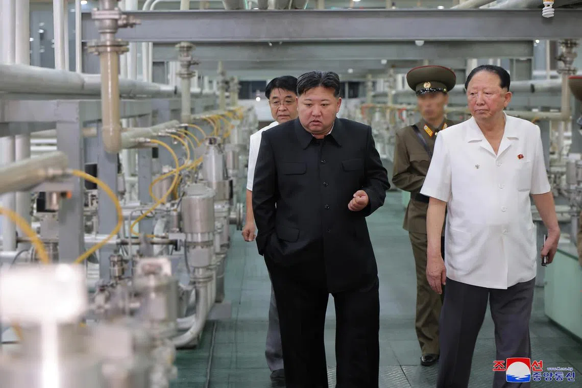North Korean leader Kim Jong Un inspecting the Nuclear Weapons Institute and the production base of weapon-grade nuclear materials at an undisclosed location in North Korea on Sept 13.