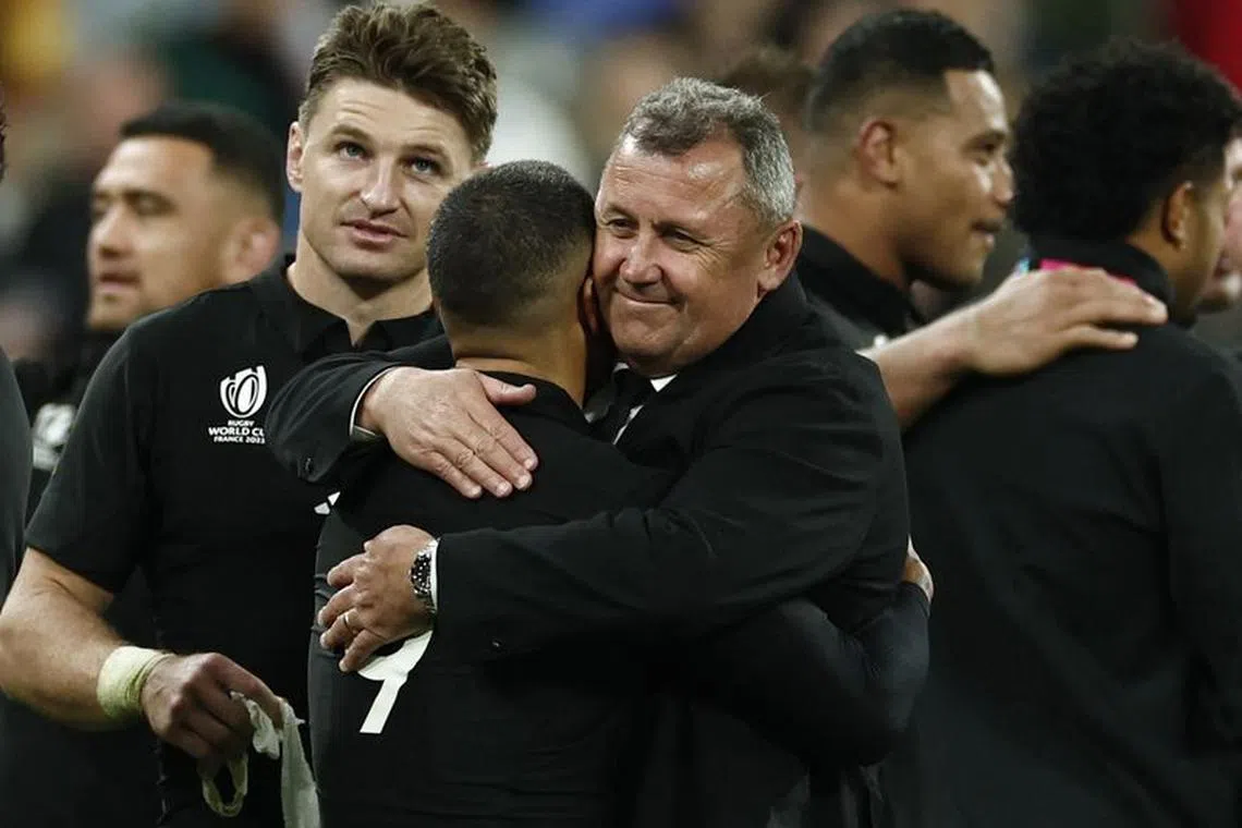 Rugby Union - Rugby World Cup 2023 - Semi Final - Argentina v New Zealand - Stade de France, Saint-Denis, France - October 20, 2023 New Zealand head coach Ian Foster celebrates with Aaron Smith after the match as New Zealand reach the final REUTERS/Gonzalo Fuentes