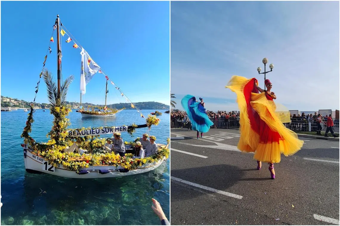 Boats adorned with flowers as part of the Combat Naval Fleuri festival (left) and dancers on stilts as part of the Nice flower parade.