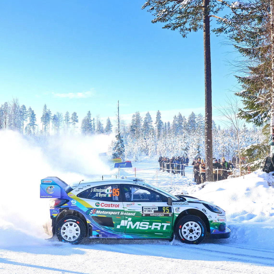Jon Armstrong, Ireland, with co-driver Shane Byrne Ireland, compete in their Ford Puma Rally1 during Rally Sweden, the second round of the FIA World Rally Championship in Umea, Sweden, February, 14, 2026. TT News Agency/Peo Moller/via REUTERS