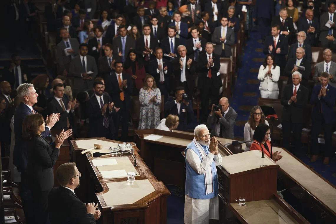 Indian Prime Minister Narendra Modi concludes his address before a joint meeting of Congress in Washington on June 22.