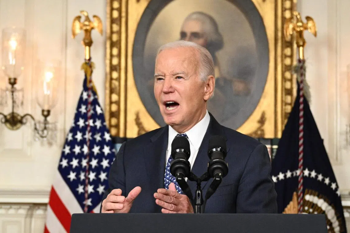TOPSHOT - US President Joe Biden answers questions about Israel after speaking about the Special Counsel report in the Diplomatic Reception Room of the White House in Washington, DC, on February 8, 2024 in a surprise last-minute addition to his schedule for the day. A long-awaited report cleared President Joe Biden of any wrongdoing in his mishandling of classified documents February 8, but dropped a political bombshell by painting the Democrat as a "well-meaning, elderly man with a poor memory."
The report removed a legal cloud hanging over Biden as he seeks reelection in a contest expected to be against Donald Trump -- who is facing a criminal trial for removing large amounts of secret documents after he lost the White House, then refusing to cooperate with investigators. (Photo by Mandel NGAN / AFP)