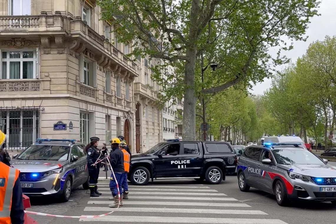 French police cordon off the area near the Iranian consulate, where a man threatened to blow himself up, in Paris, France, April 19, 2024 in this screengrab obtained from social media video. PIERRE GALAN / @Gln_Pierre via REUTERS