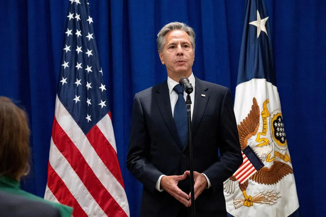 FILE PHOTO: U.S. Secretary of State Antony Blinken speaks at a news conference as he announces that five Americans who had been jailed for years in Iran have been freed, in New York, U.S.  Sept. 18, 2023. Craig Ruttle/Pool via REUTERS/File Photo