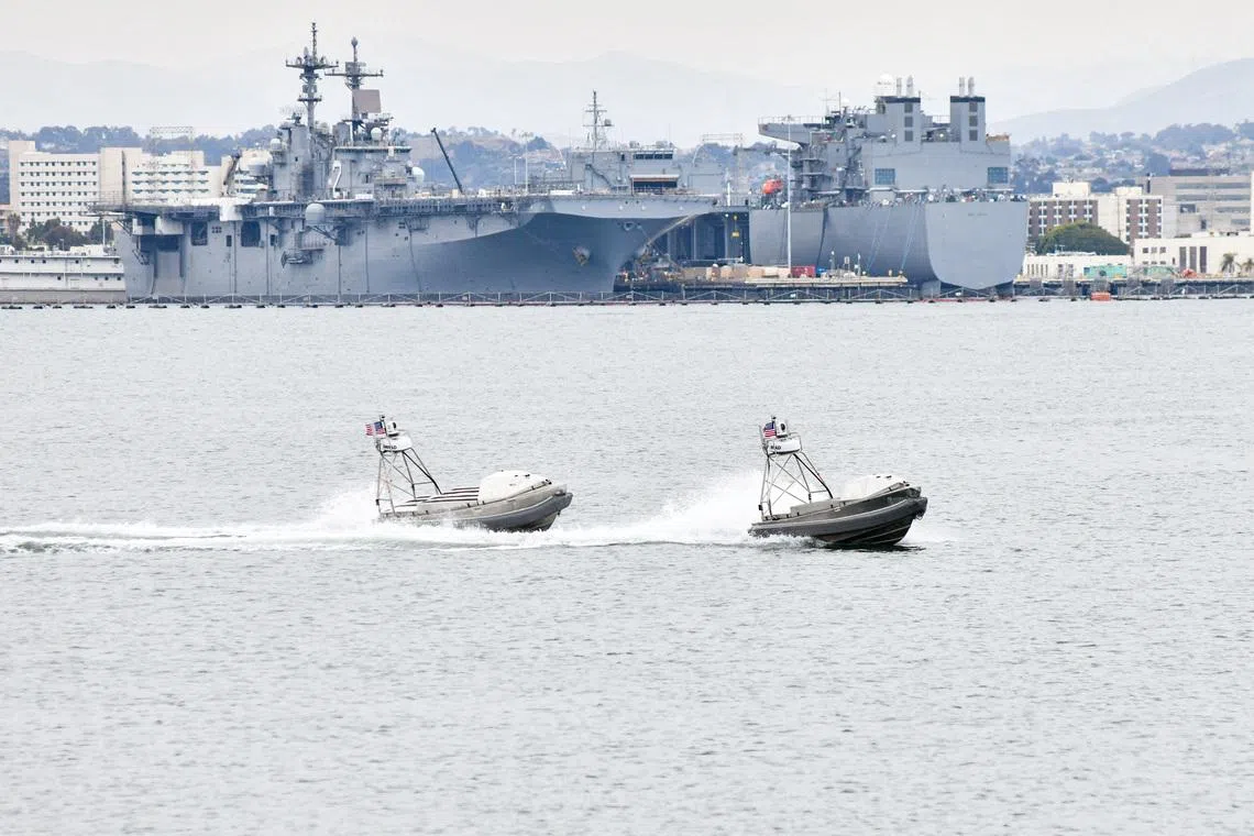 FILE PHOTO: Global autonomous reconnaissance craft (GARC) from Unmanned Surface Vessel Squadron (USVRON) 3 operate remotely ahead of the unit's establishment ceremony at Naval Base Coronado in San Diego, California, U.S. May 15, 2024.  U.S. Navy/Mass Communication Specialist 1st Class Claire M. DuBois/Handout via REUTERS/File Photo