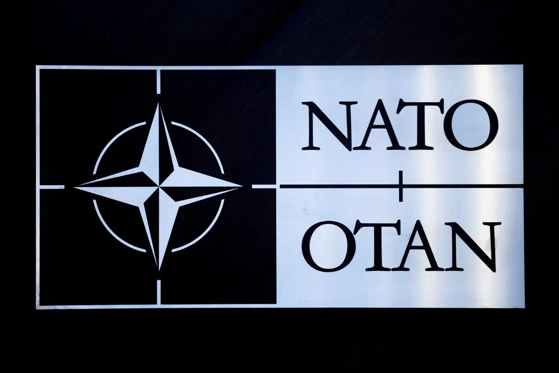 FILE PHOTO: The logo of NATO is seen at a meeting of the North Atlantic Council in the NATO defence ministers' session together with Sweden as the invitee, at the Alliance's headquarters in Brussels, Belgium February 15, 2024. REUTERS/Johanna Geron/File Photo
