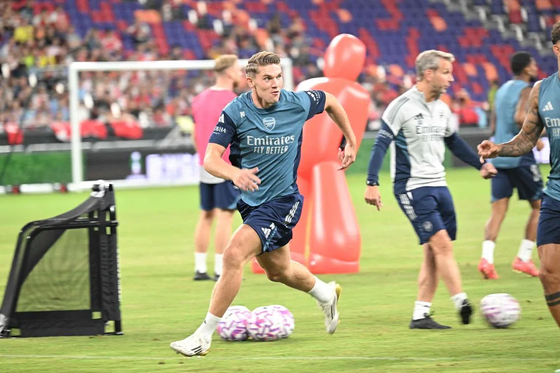 Arsenal forward Viktor Gyokeres takes part in a training session at the Kai Tak Stadium in Hong Kong.