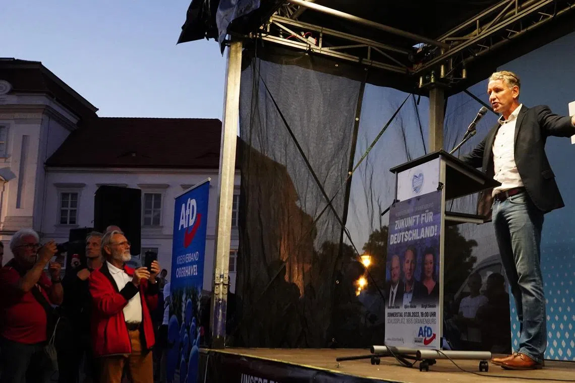 mzright - Bjorn Hocke addressing his followers at an AfD rally on the market square in Oranienburg, Germany, in September 2023. Björn Höcke is the head of the AfD faction in the regional Parliament in Thuringia.

Credit: Jost Listemann