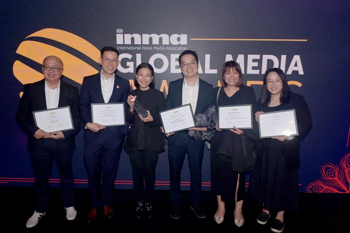 (From left) Straits Times associate editor Jeremy Au Yong, EMTM head of business planning and integration Daniel Buenas, deputy editor of content and solutioning at SPH Media's Brand Newsroom Genevieve Chan, Chinese Media Group lead product manager Eddie Hong Hao, SPH Media assistant vice-president of human resources Rebecca Vu and Zaobao Schools editor Lim Xin Hui at the 2026 INMA Global Media Awards ceremony in Berlin. 
