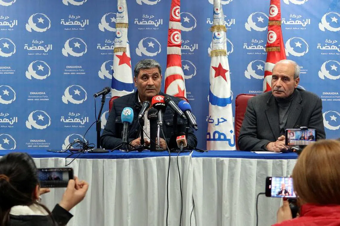 FILE PHOTO: Mondher Ounissi, vice president of Ennahda party, speaks during a news conference at the party headquarters in Tunis, Tunisia April 17, 2023.  REUTERS/Jihed Abidellaoui/ File Photo
