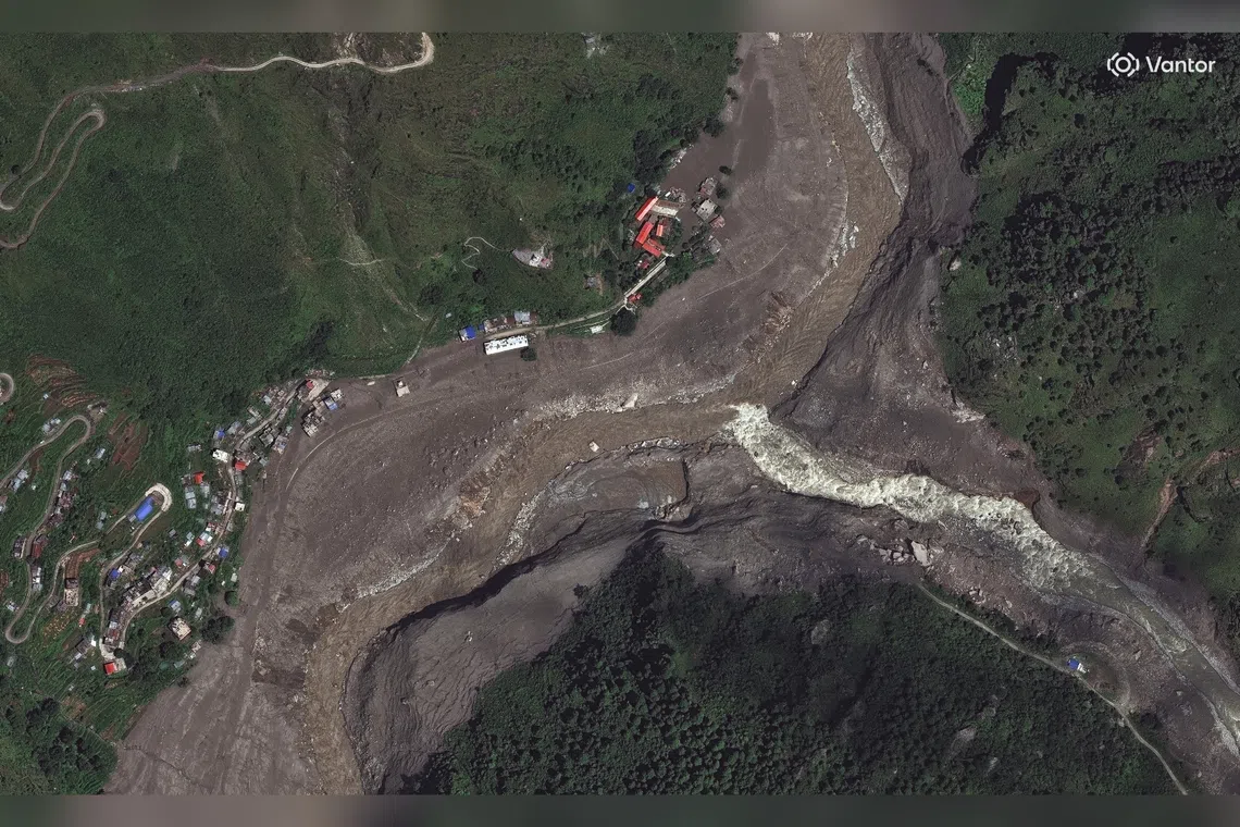 An area along the Trishuli River, near where buildings and bridges were swept away following flash floods and a mudslide, in Syapru Besi, Nepal.