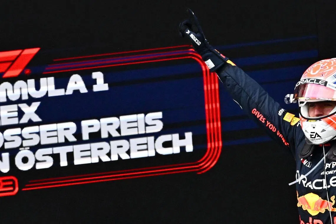 Red Bull's Dutch driver Max Verstappen celebrating after winning the Formula One Austrian Grand Prix at the Red Bull Ring in Spielberg, Austria on Sunday.