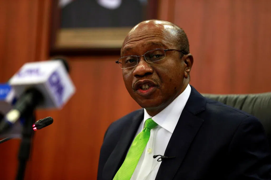 FILE PHOTO: Nigeria's Central Bank Governor Godwin Emefiele briefis the media during the MPC meeting in Abuja, Nigeria January 24, 2020. REUTERS/Afolabi Sotunde/File Photo