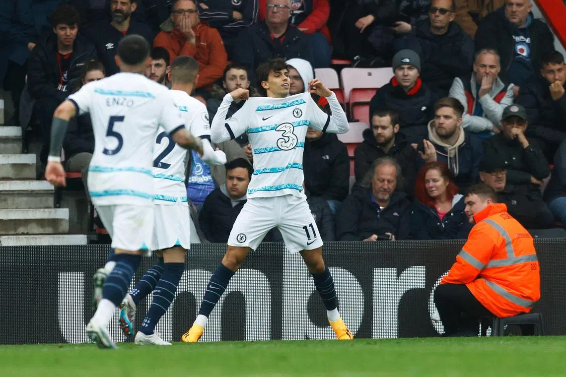 Chelsea forward Joao Felix celebrates after scoring the third goal in the 3-1 win over Bournemouth.