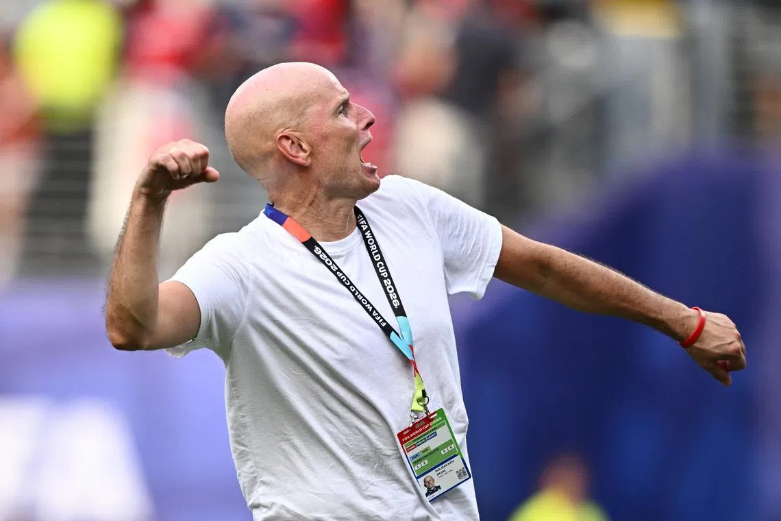 Soccer Football - FIFA World Cup 2026 - Round of 16 - Brazil v Norway - New York New Jersey Stadium, East Rutherford, New Jersey, U.S. - July 5, 2026 Norway coach Stale Solbakken celebrates after the match as Norway qualify for the quarter finals of the World Cup REUTERS/Dylan Martinez