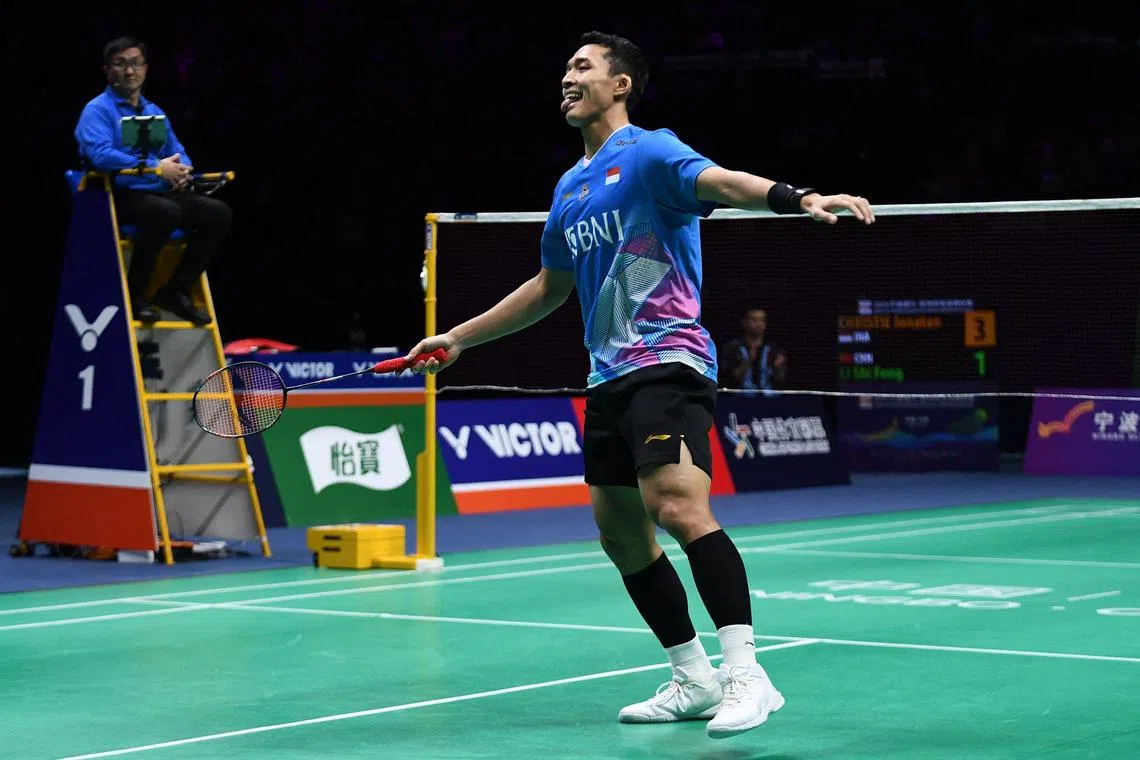 Indonesia’s Jonatan Christie reacting after a point during his men's singles final win against China’s Li Shifeng at the Badminton Asia Championships in Ningbo on April 14. The world No. 5 won 21-15, 21-16.