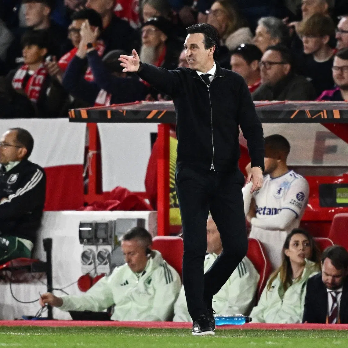 Soccer Football - UEFA Europa League - Semi Final - First Leg - Nottingham Forest v Aston Villa - The City Ground, Nottingham, Britain - April 30, 2026  Aston Villa manager Unai Emery reacts REUTERS/Dylan Martinez