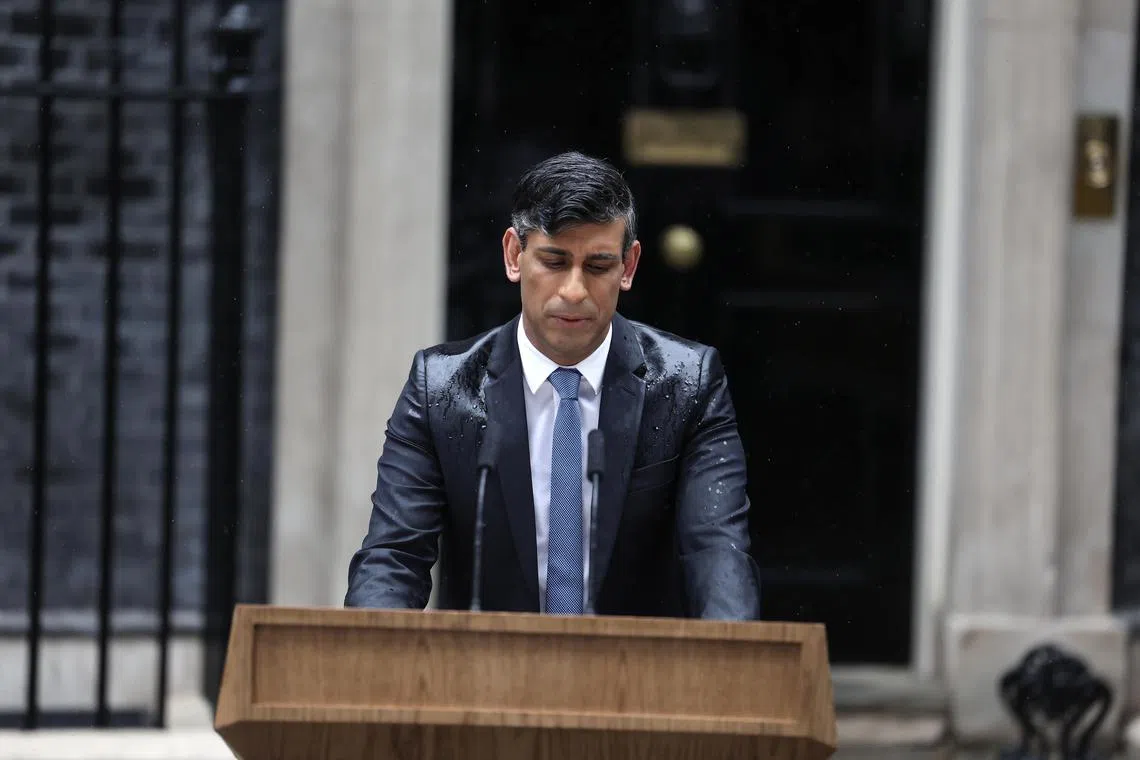 British Prime Minister Rishi Sunak delivers a speech outside 10 Downing Street in London on May 22.