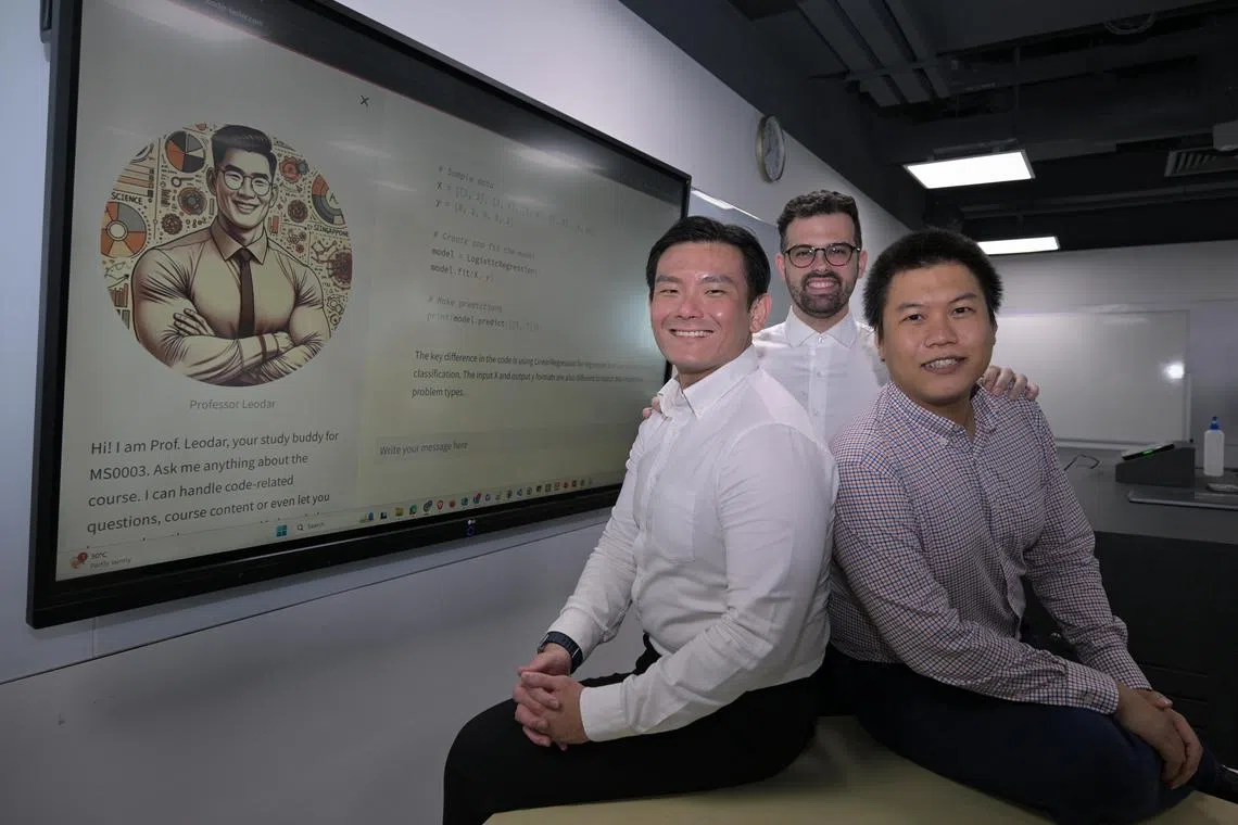 hnintel08/ST20240307_202486815265/Ng Sor Luan/Students taking a data science class under NTU's Materials Science and Engineering faculty now have a new teaching assistant who can explain course concepts, generate example code and answer administrative questions like test dates -- powered by artificial intelligence. Leodar was developed and tested over a span of 3.5 months by a team led by Assistant Professor Leonard Ng (left), 37, and his teammates, Dr. Maung Thway (right), 34, and Dr. Jose Recatala Gomez, 31.