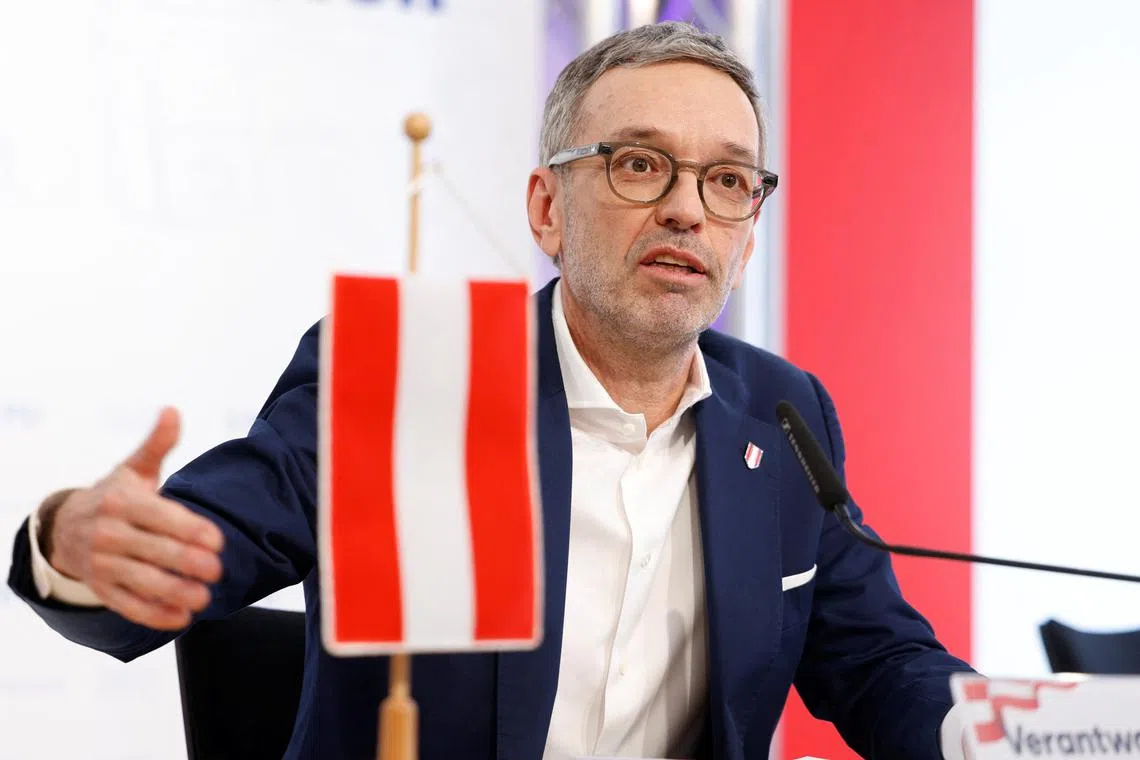 Head of Freedom Party (FPOe) Herbert Kickl addresses the media in Vienna, Austria, October 14. 2024.REUTERS/Leonhard Foeger